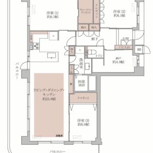 約23.8帖の広々としたリビング・ダイニングキッチン(間取)